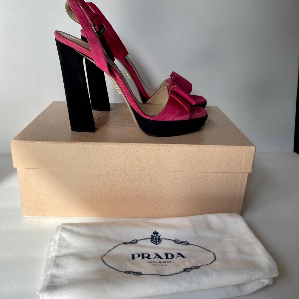 Prada Pink Suede Platform Sandals with Black Block Heel no box - Picture 9 of 10